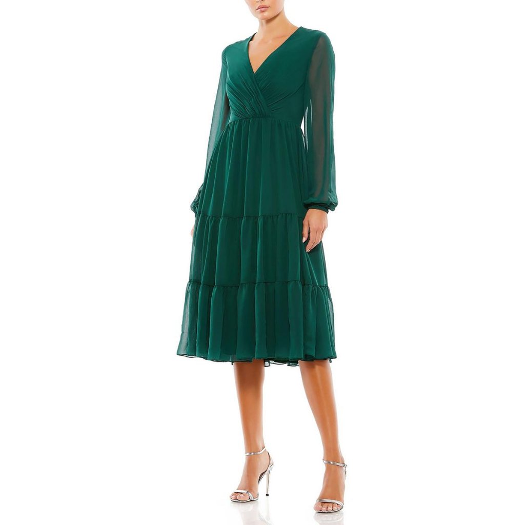 New Mac Duggal Women's Sz 2 55637 Green Midi Ruched V-Neck Dress